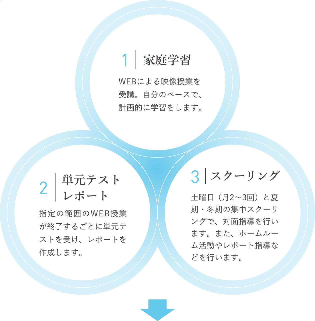 1.家庭学習:WEBによる映像授業を受講。自分のペースで、計画的に学習をします。2.単元テストレポート:指定の範囲のWEB授業が終了するごとに単元テストを受け、レポートを作成します。3.スクーリング:土曜日に開催され、学習に対する面接指導を行います。また、ホームルーム活動やレポートの指導などを行います。